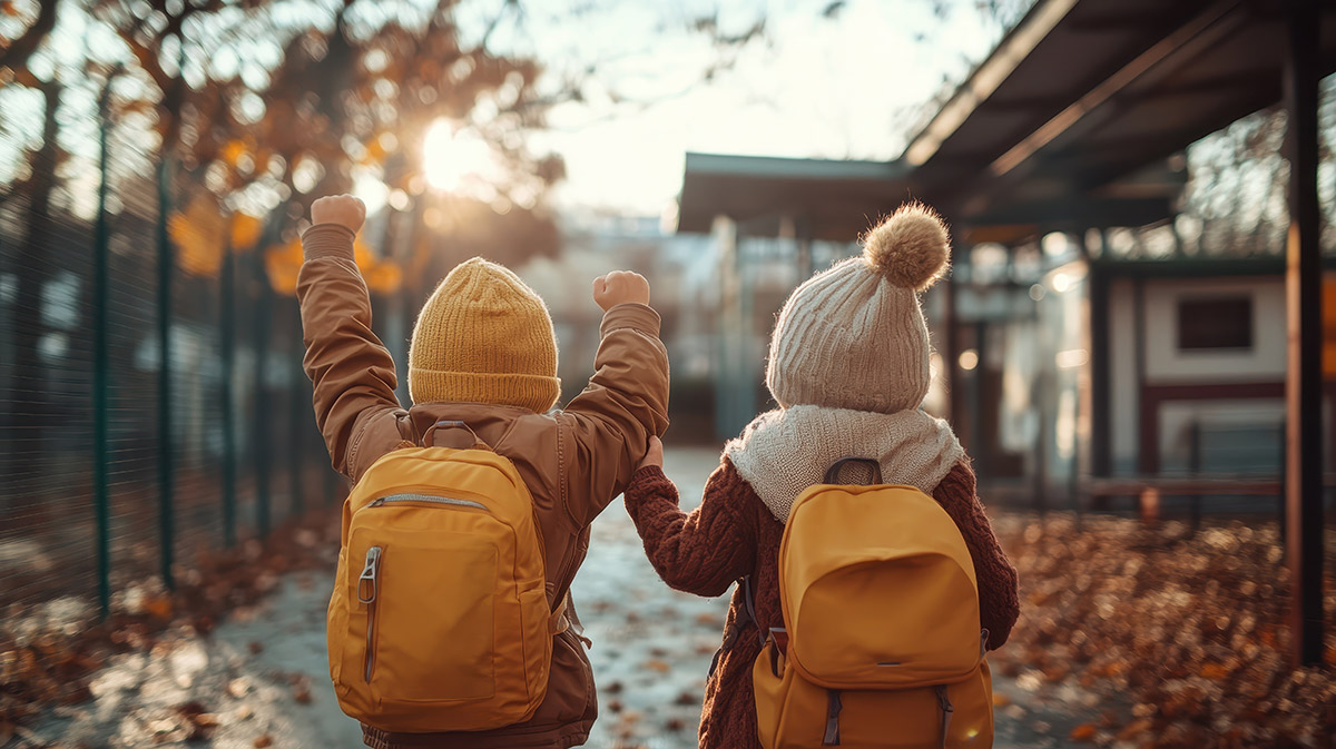 backview of two kids walking along with one throwing arms in victory