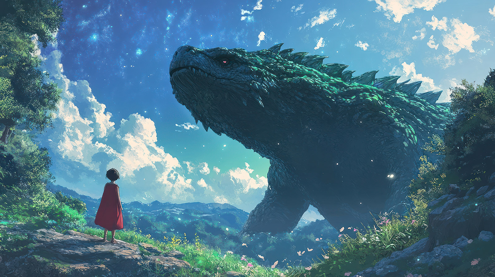 person in magical land looking up at huge creature