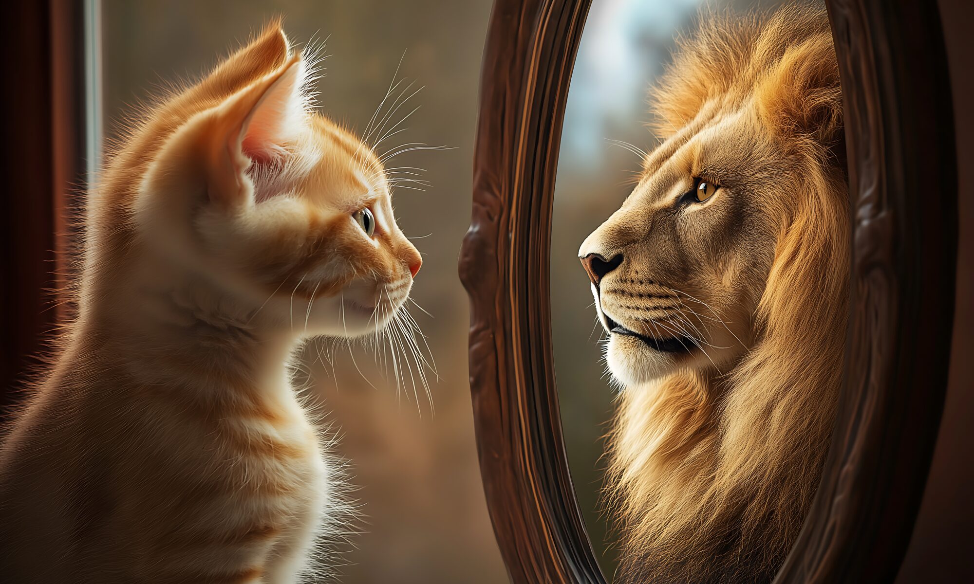 housecat looks in the mirror and sees lion as reflection